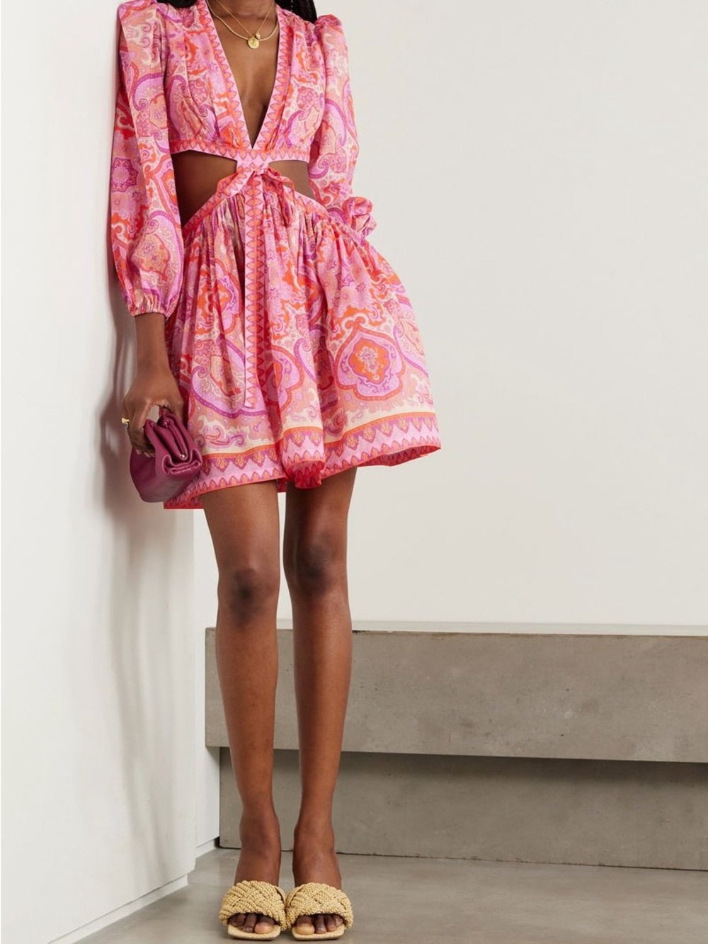 Zimmermann: Pink Paisley Cutout Mini Dress